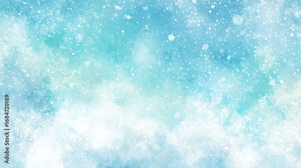 Fototapeta premium A soft watercolor background blending light and deep blue shades with delicate snowflake patterns scattered across the surface, creating a frosty winter atmosphere.