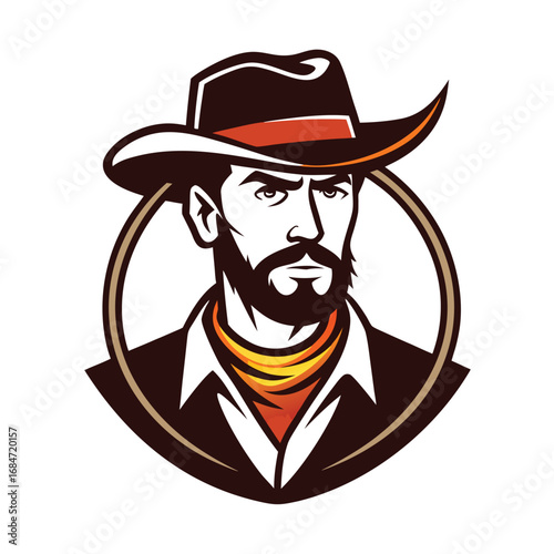 A man icon in a traditional cowboy hat, with a lasso, a classic and rugged character on a plain white background, for a western or rural theme.