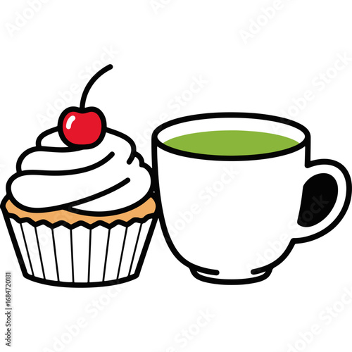 Cupcake and green tea with cherries and butter: This image will easily grab the user's attention in the packaging design of various online shops, food delivery apps, or sweets and beverage companies.
