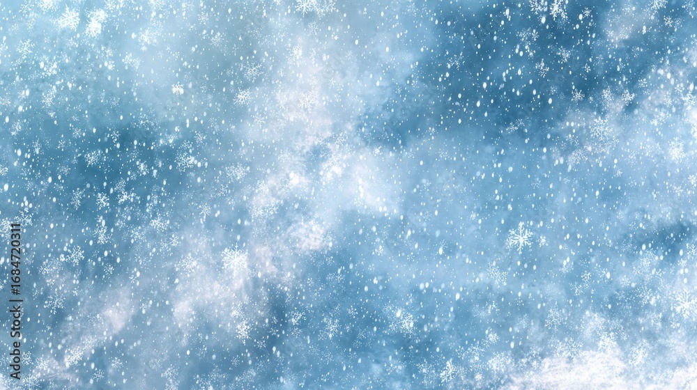Obraz premium A soft watercolor background blending light and deep blue shades with delicate snowflake patterns scattered across the surface, creating a frosty winter atmosphere.