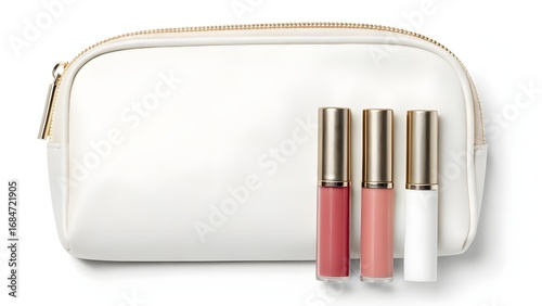 Stylish Lip Gloss Travel Kit Mockup Featuring A Blank Cosmetic Pouch Displayed Open On A Bright White Background, Perfect For Modern Cosmetic Branding, Packaging, And Product Showcase