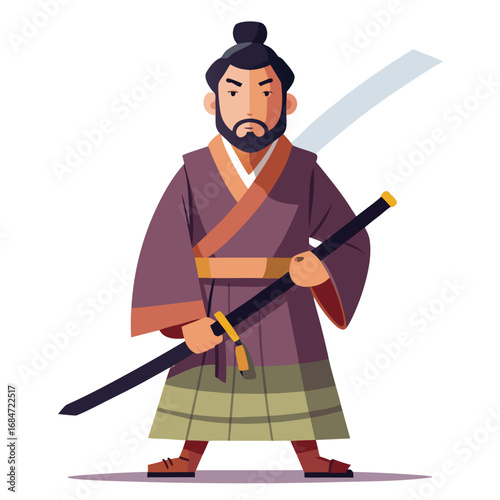 A man icon in a traditional Samurai outfit, holding a katana sword, a classic and historical character on a plain white background, for history or culture.