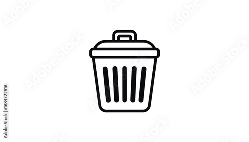Simple black outline of a trash can with lid on white background  
