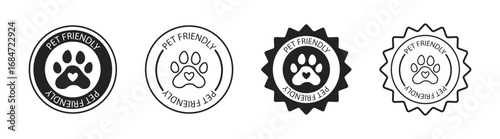 Pet friendly label icon set with dog and cat paw prints, badges, stamps, and symbols. Certified pet care and permission signs in vector illustration on transparent background.