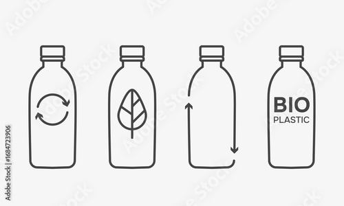 Set of bioplastic bottle icons with eco-friendly symbols, including recycling sign, leaf, and arrows, representing sustainable packaging and renewable materials. Vector