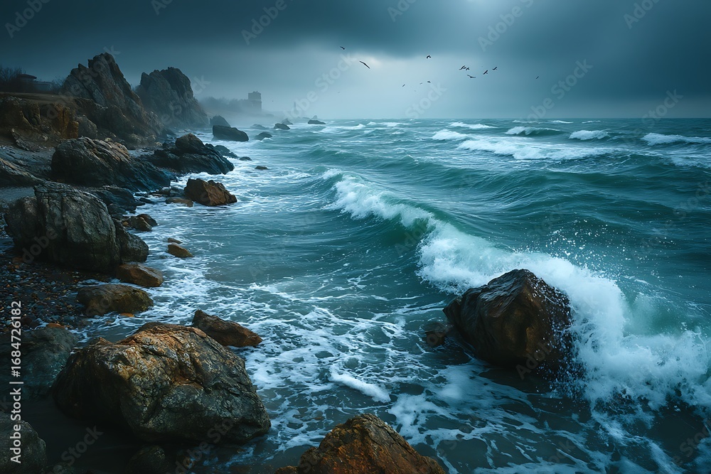 Fototapeta premium Wild sea waves splashing along coastal rocks high resolution picture
