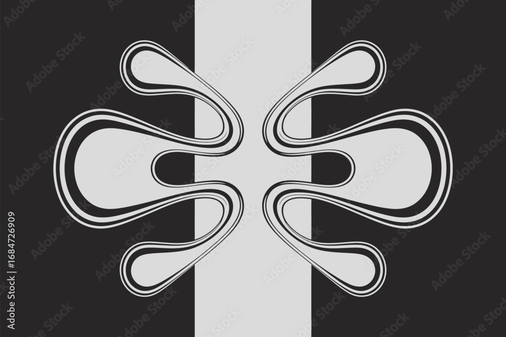 Obraz premium Symmetrical abstract design featuring curved shapes on a black and white background with central stripe