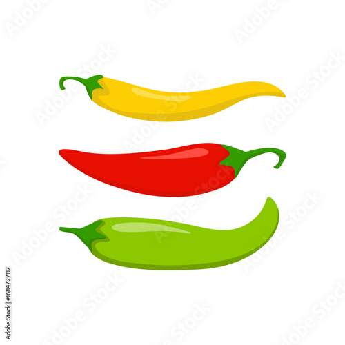 Hot chili peppers, jalapeno vegetables, cayenne pepper red, green, yellow colors isolated on white background. Vector illustration