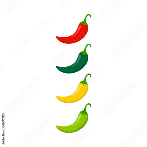 Hot chili peppers, jalapeno vegetables, cayenne pepper red, green, yellow colors isolated on white background. Vector illustration