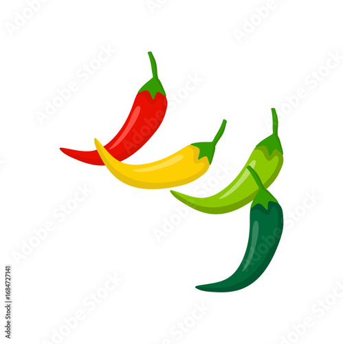 Hot chili peppers, jalapeno vegetables, cayenne pepper red, green, yellow colors isolated on white background. Vector illustration