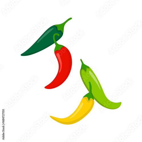Hot chili peppers, jalapeno vegetables, cayenne pepper red, green, yellow colors isolated on white background. Vector illustration