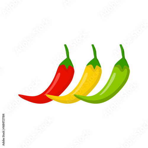 Hot chili peppers, jalapeno vegetables, cayenne pepper red, green, yellow colors isolated on white background. Vector illustration