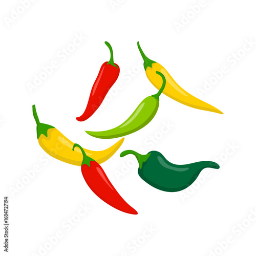 Hot chili peppers, jalapeno vegetables, cayenne pepper red, green, yellow colors isolated on white background. Vector illustration