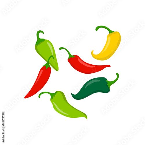 Hot chili peppers, jalapeno vegetables, cayenne pepper red, green, yellow colors isolated on white background. Vector illustration