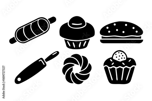 Collection of bakery icons, including cupcakes, bread, and rolling pin