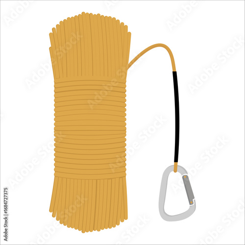 Simple illustration of a yellow climbing rope with a carabiner. Great for outdoor or adventure themes.