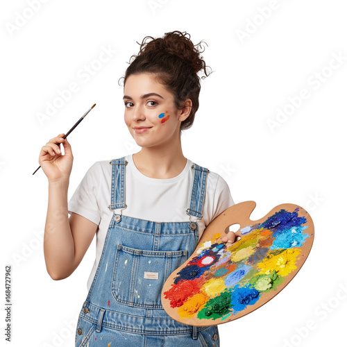 beautiful young woman artist holding brush and paint palette on Isolated transparent background png. generated with AI