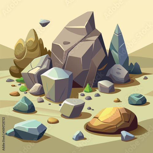 Cartoon stone and brown rock, 3D boulders and pebbles, pile of rubble and debris, isolated natural landscape elements, mountain cliff and rocky terrain, gravel game texture wall piece. Vector set 