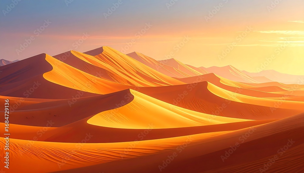 Naklejka premium Golden Desert Dunes Sunrise Landscape.