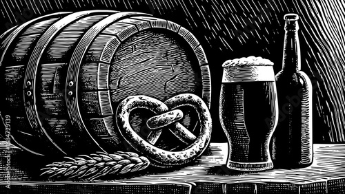 hand drawn black and white illustration featuring a traditional beer mug alongside a wooden barrel, pretzel, and bottle, perfect for vintage design, menu decoration, brewery branding
