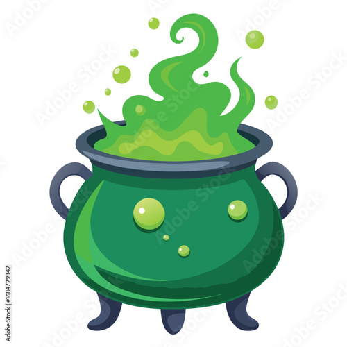 An ornate cauldron with bubbling green liquid and smoke rising, a classic spooky design for Halloween or magic-themed concepts.