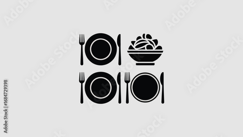 A minimalist illustration of place settings with plates forks knives and a bowl of food in black