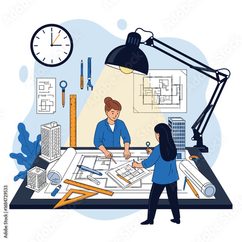 Architectural design collaboration and project planning with building blueprints and drafting tools