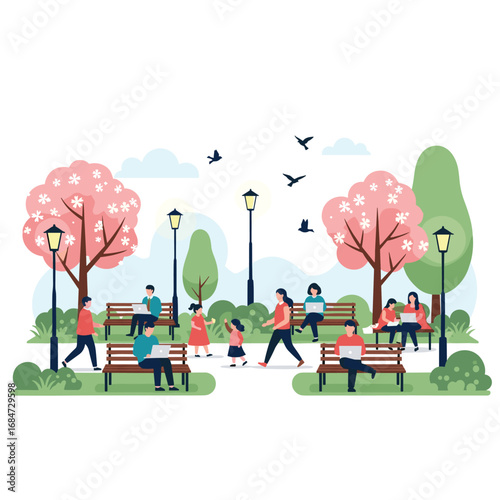 People enjoying a beautiful spring day in a lush green park with blooming cherry trees