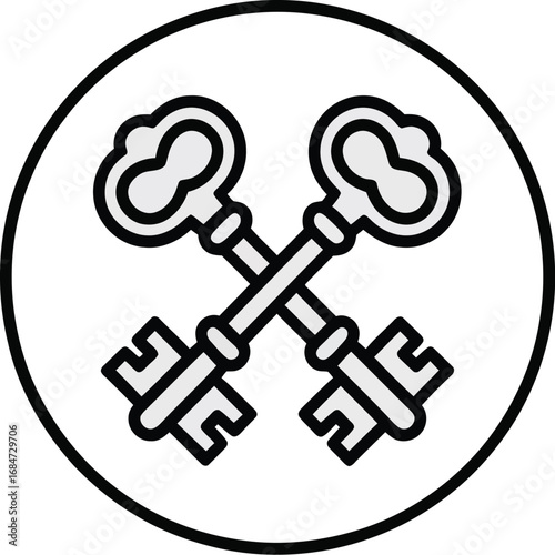 Illustration showing two crossed keys with detailed handles inside a black bordered white circle