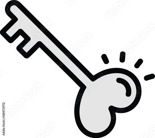 A light gray key with a black outline and shining rays emanating from the bottom of the key shape