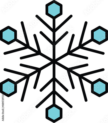 A symmetrical snowflake design with black lines and light blue hexagonal shapes at the ends of each arm
