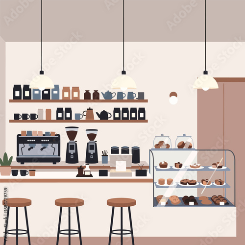 Cozy pixel art cafe interior with espresso machines pastries and barista counter for relaxing moments