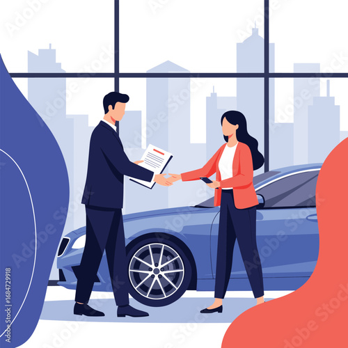Professional dealership experience purchasing a new automobile with a satisfied customer in modern showroom environment