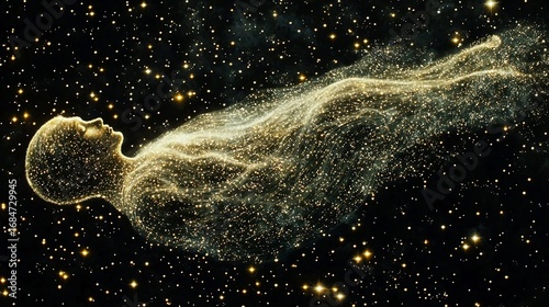Celestial being made of light floating among stars soft glowing trails behind them cinematic cosmic entity