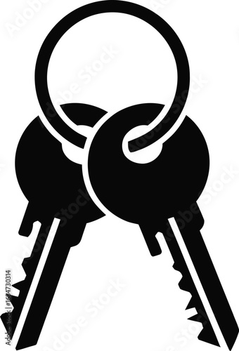 A graphic illustration featuring a pair of keys attached to a circular keyring in black and white