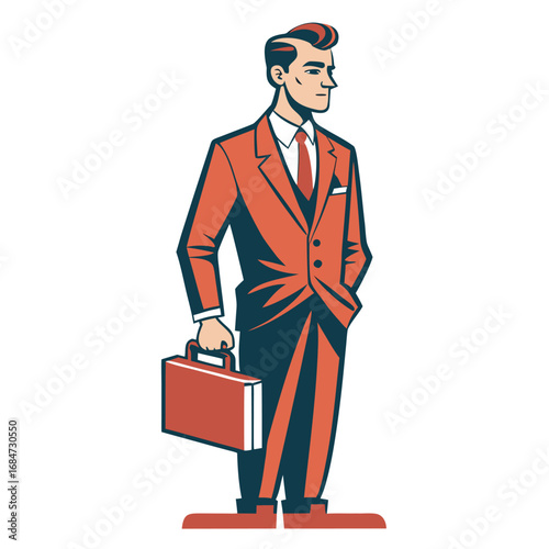 A retro man icon in a 1950s suit, holding a briefcase, a vintage and classic design, for business, history, and nostalgia themes.