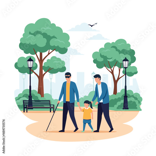 A visually impaired person walks with a guide and a child through a park on a sunny day with trees and lampposts in the background