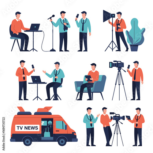 Professionals engaged in broadcast journalism and media production activities capturing news content
