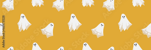 Seamless Halloween vector pattern with cute smiling white ghosts on mustard yellow background. Playful spooky design for holiday decor, kids prints, and festive crafts