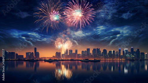 Fireworks Display Over City Skyline Reflected in Water and copy space
