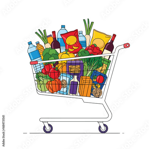 A fully stocked grocery shopping cart overflowing with a wide variety of fresh foods and essential household items for everyday needs