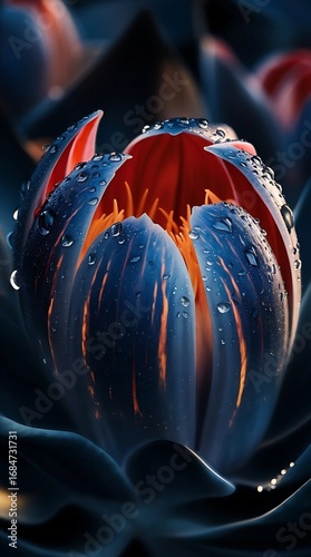 Close-up of a blooming black tulip with dew drops on a dark background.