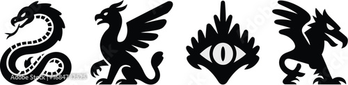 A collection of four black and white heraldic creatures including a snake, griffin, eye and dragon