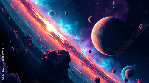 Space scene rendered in electric, vivid colors