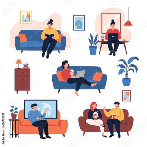 Diverse people enjoying leisure activities at home relaxing on couches and watching entertainment