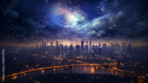 Fireworks Display Over City Skyline Reflected in Water and copy space