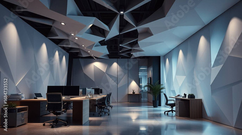 A modern business office interior presented in an intricate origami style, with a dramatic cinematic style, film-like composition and lighting, emphasizing folded paper aesthetics and geometric precis