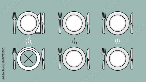 Illustration of six place settings with plates forks and knives with steam and a crossed out plate