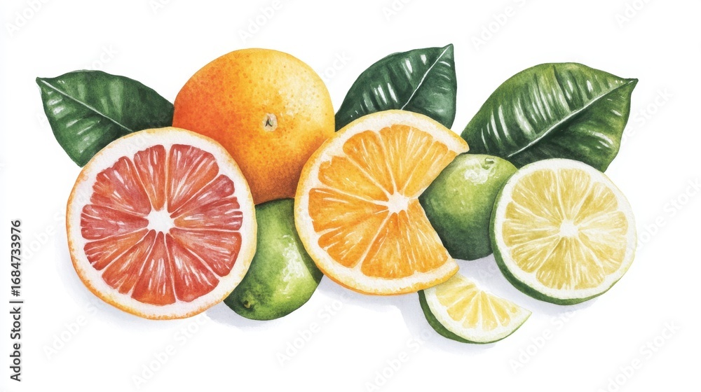 Obraz premium Watercolor illustration of sliced oranges, lemons, and limes with tropical leaves