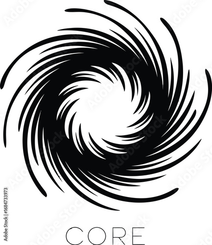 A swirling vortex of black lines converging towards a central white space with the word core below it
